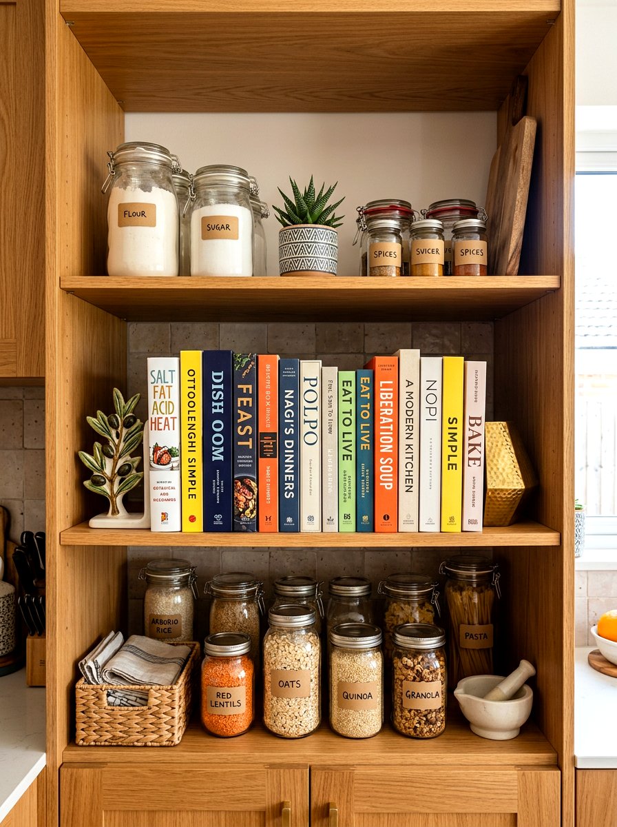 Cookbook Shelf Display - 30 pantry organization ideas