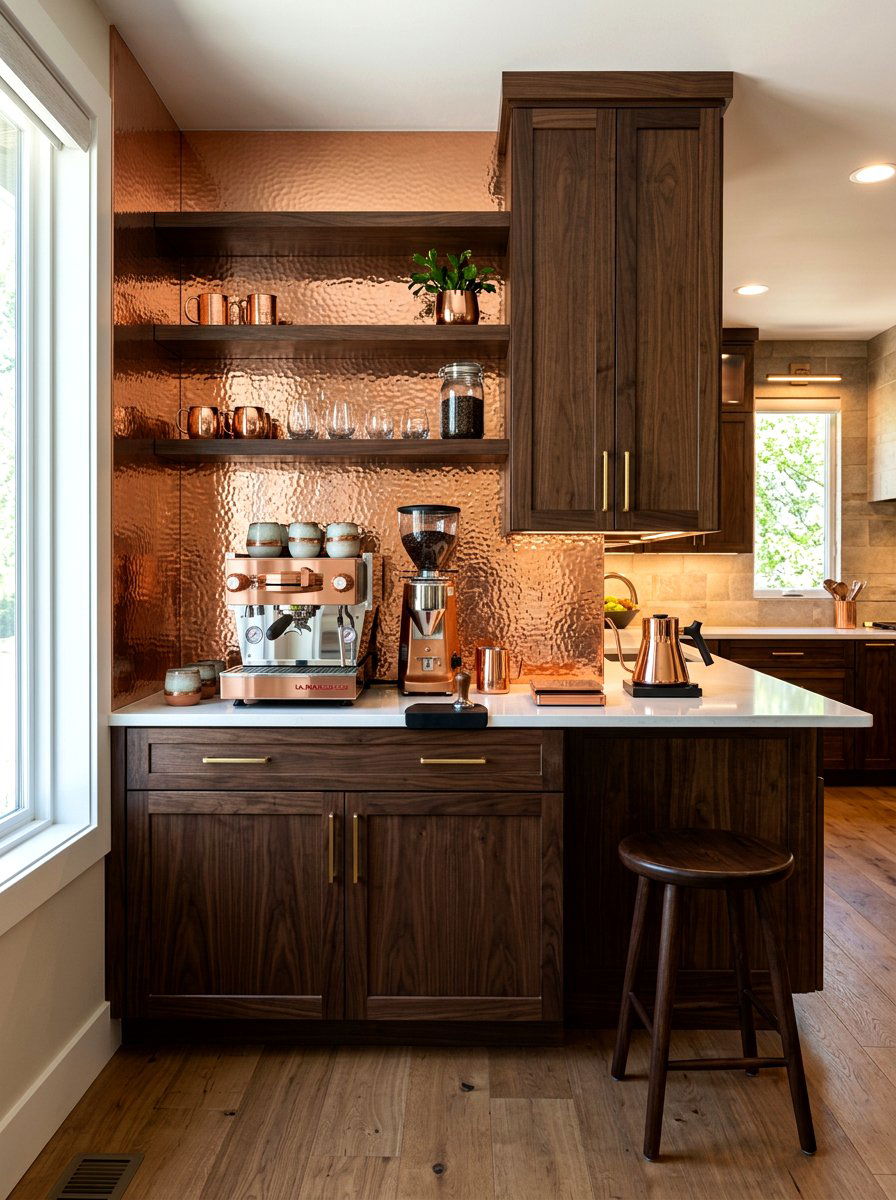 Copper Accent Coffee Bar - 30 coffeehouse kitchen corner ideas