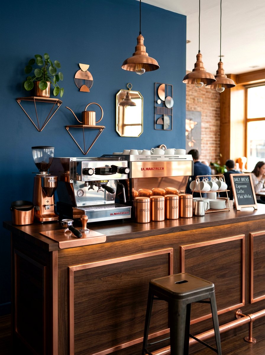 Copper Accent Coffee Bar - 30 aesthetic home cafe setup ideas