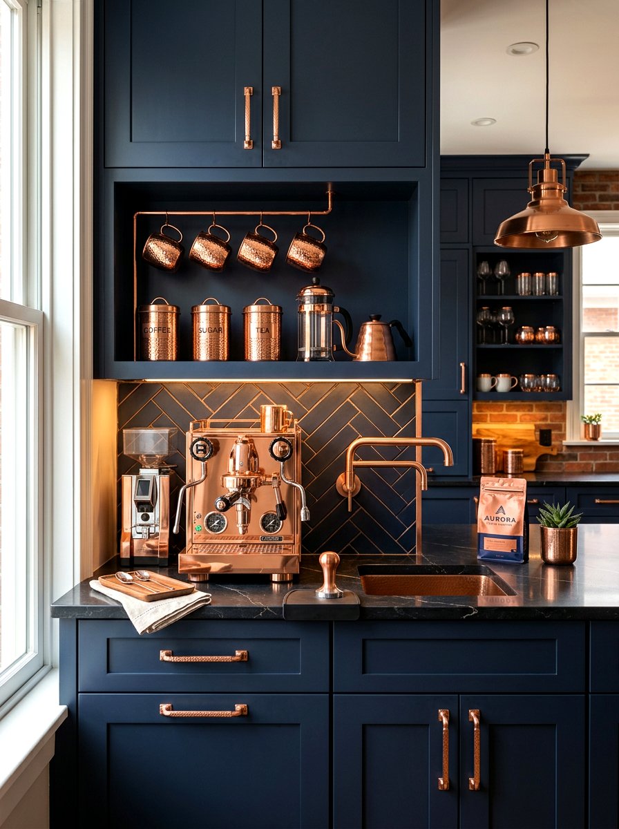 Copper Accent Coffee Station - 30 kitchen coffee bar ideas