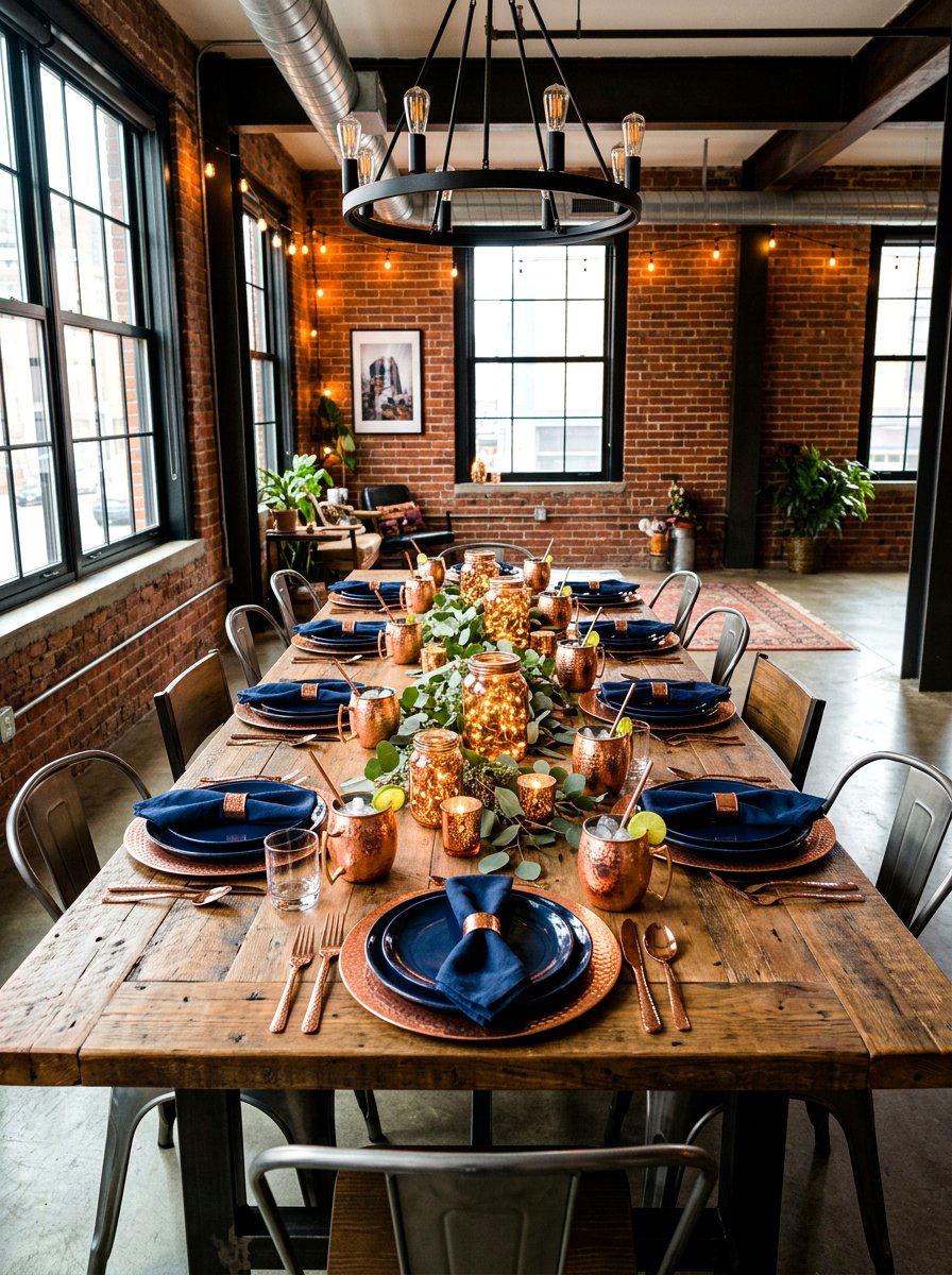 Copper Accent Industrial Tablescape - 30 layered tablescape dining ideas