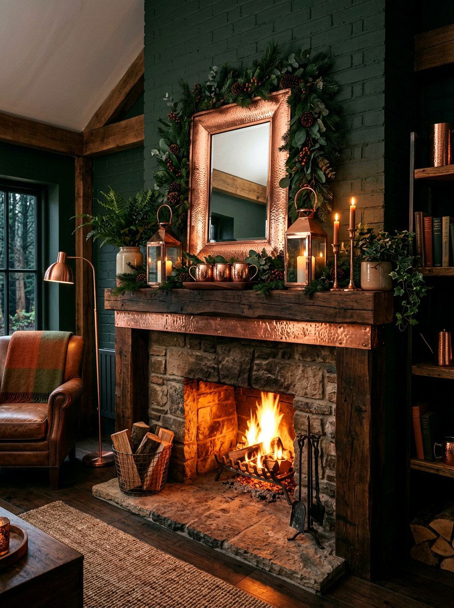 Copper Accent Mantel - 30 winter mantel decor ideas