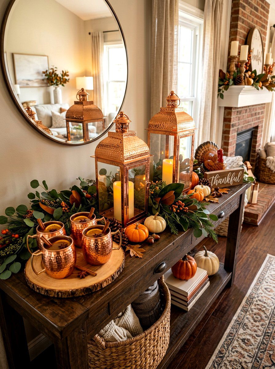 Copper Accent Thanksgiving Decor - 30 Thanksgiving entry table ideas