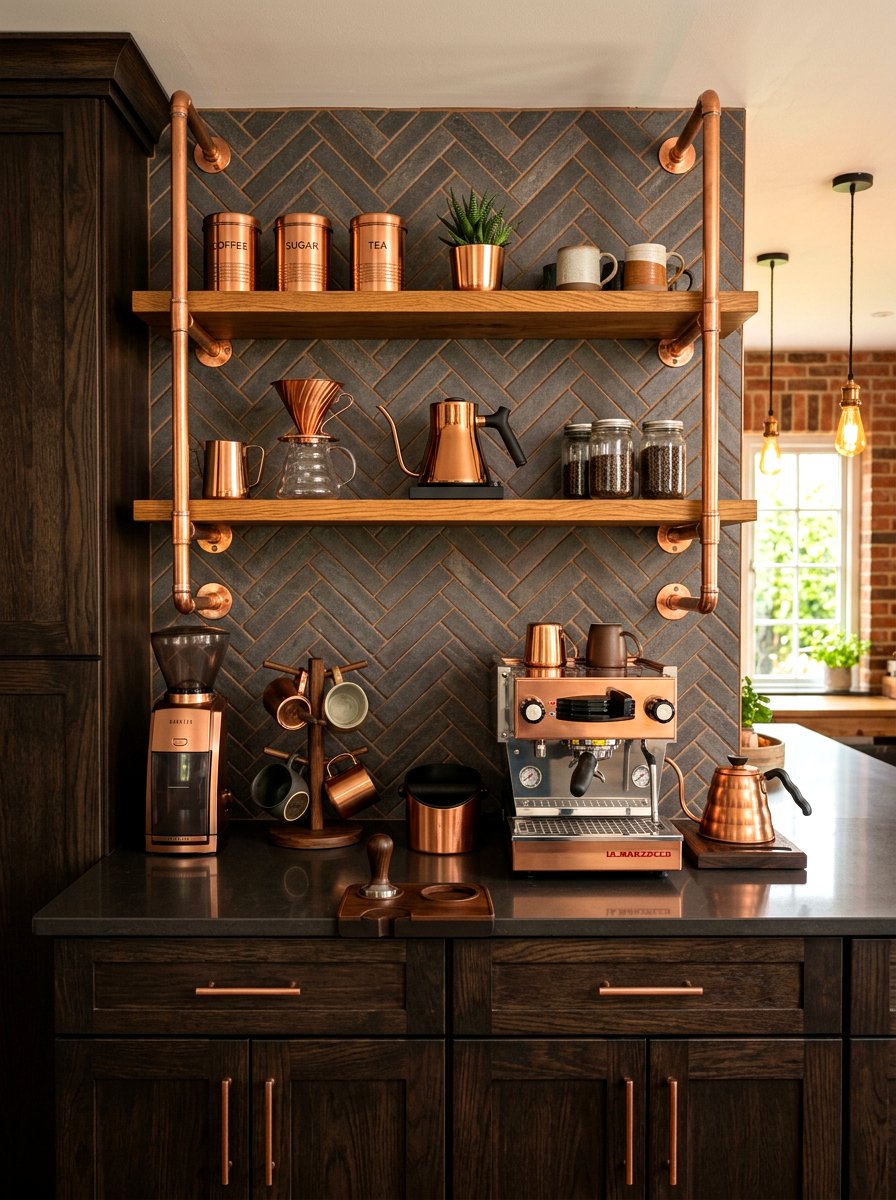 Copper Coffee Station Accents - 30 coffee station shelf styling ideas