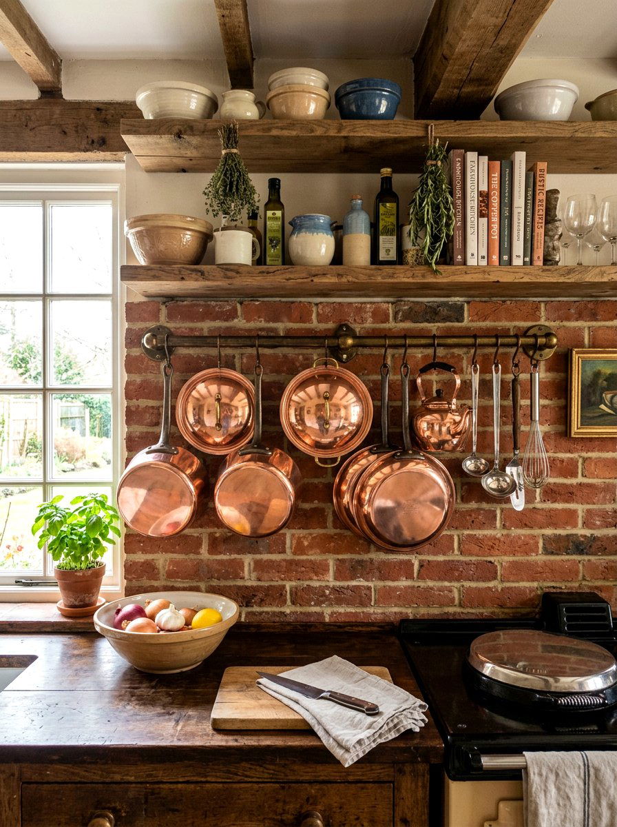 Copper Cookware Display - 30 vintage farmhouse kitchen ideas
