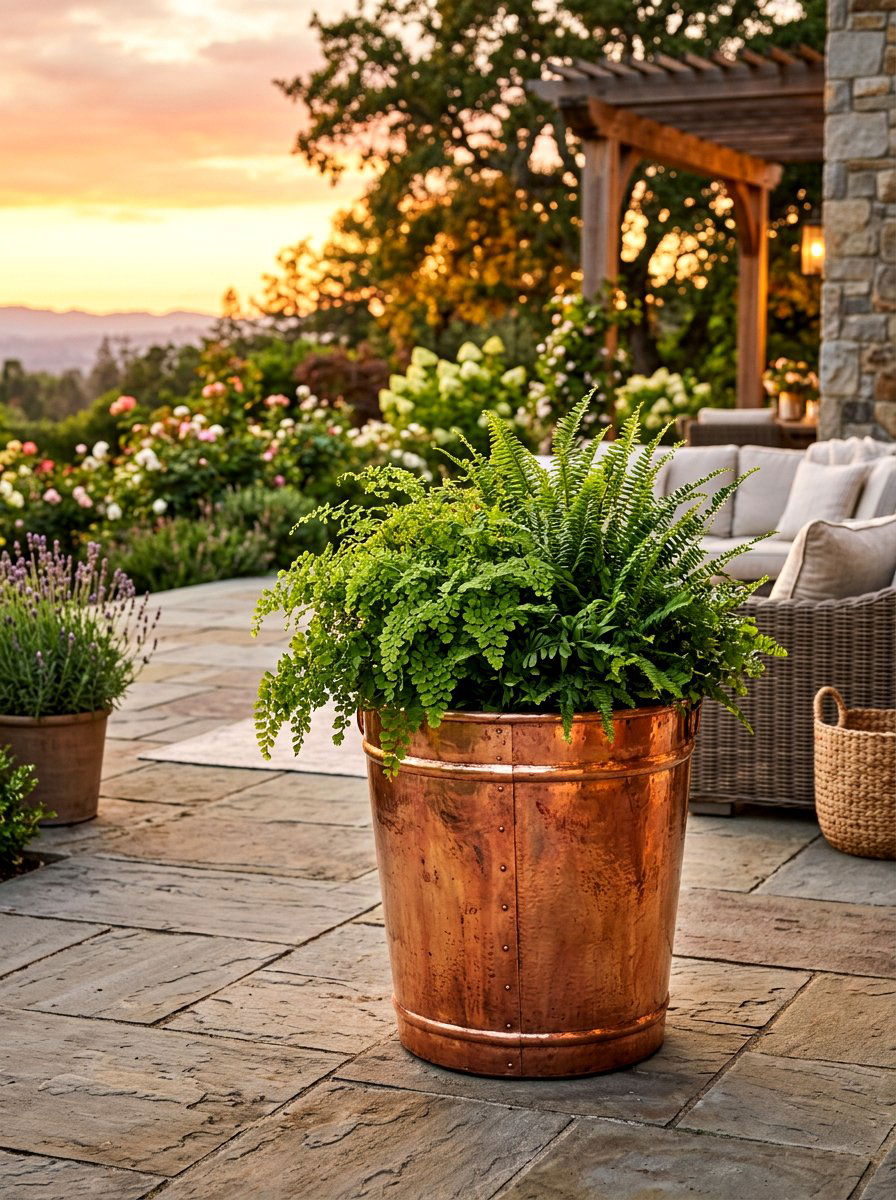 Copper Finish Metal Planter - 30 porch column planter ideas