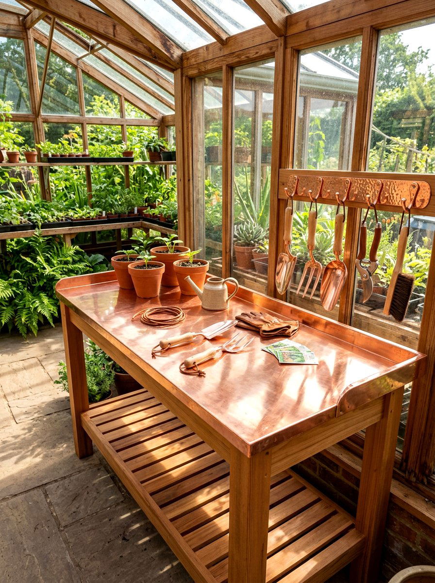 Copper Garden Accents - 30 greenhouse potting area ideas
