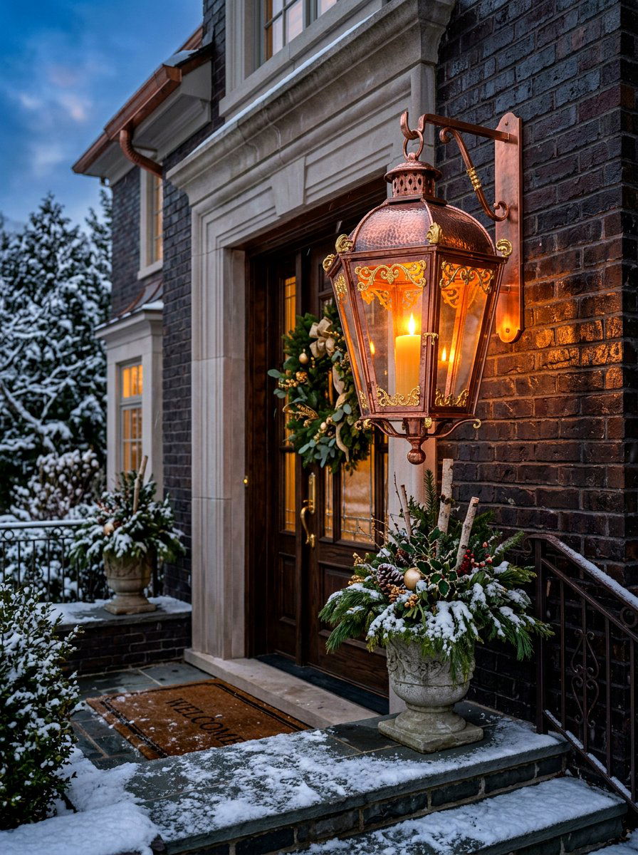 Copper Lantern Winter Entryway - 30 winter porch lantern ideas