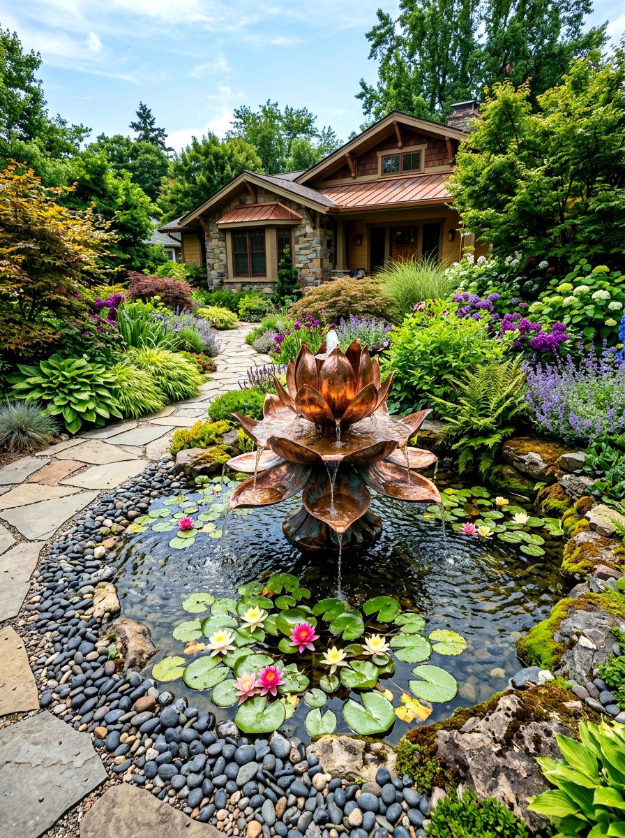 Copper Lotus Fountain - 30 entry fountain landscaping ideas