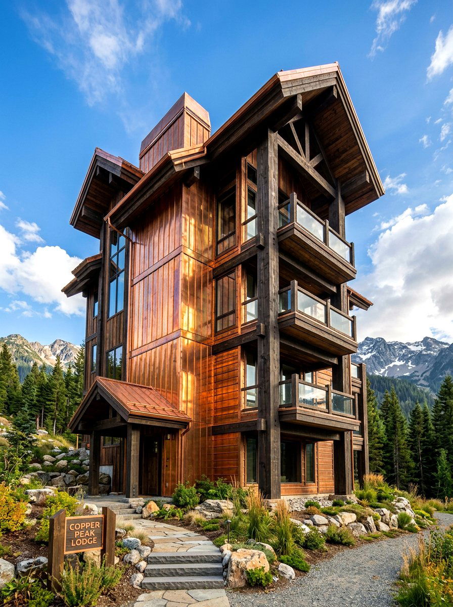 Copper Metal Siding With Dark Wood Beams - 30 mixed siding exterior ideas