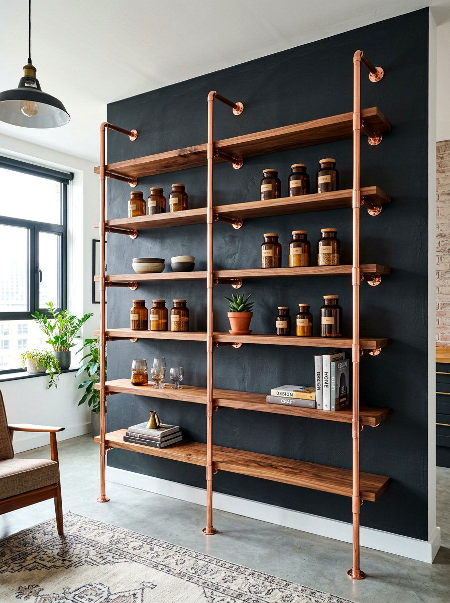 Copper Pipe And Wood Shelving - 30 breakfast corner shelves ideas