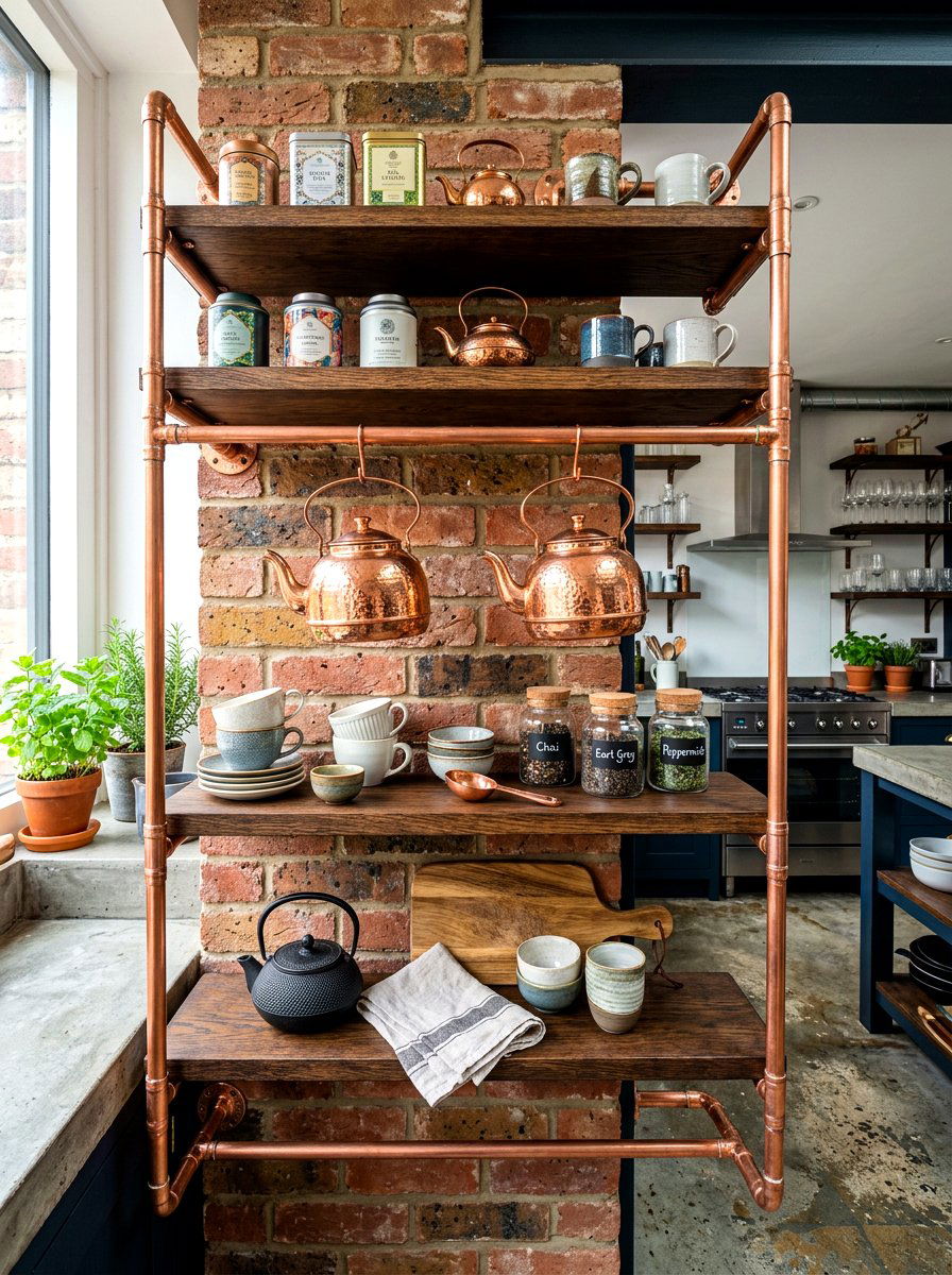 Copper Pipe Rack - 30 tea shelf styling ideas