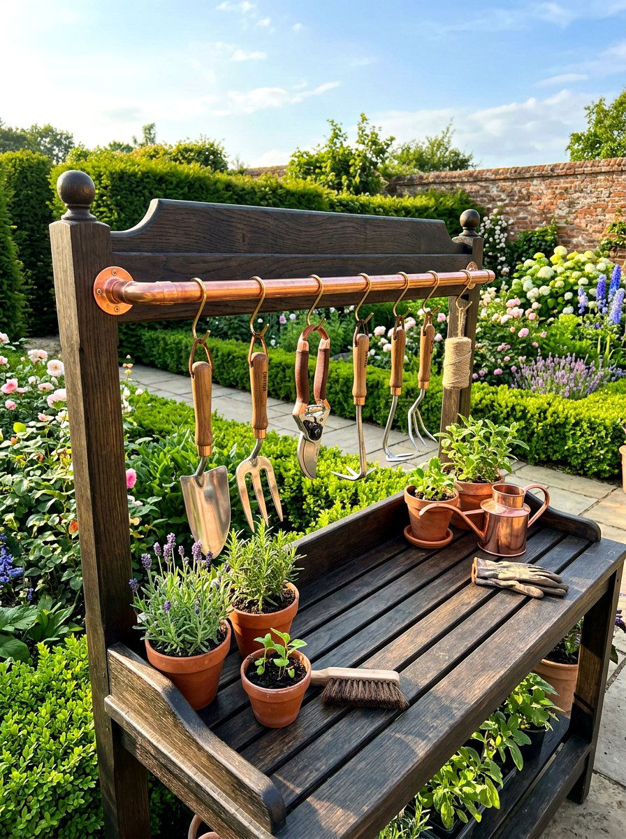 Copper Pipe Rail - 30 potting bench storage ideas
