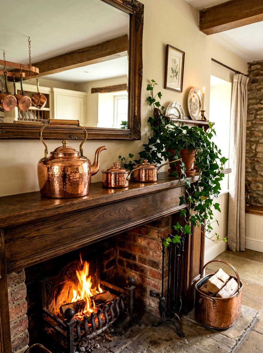Copper Pot Accent - 30 vintage mantel styling ideas