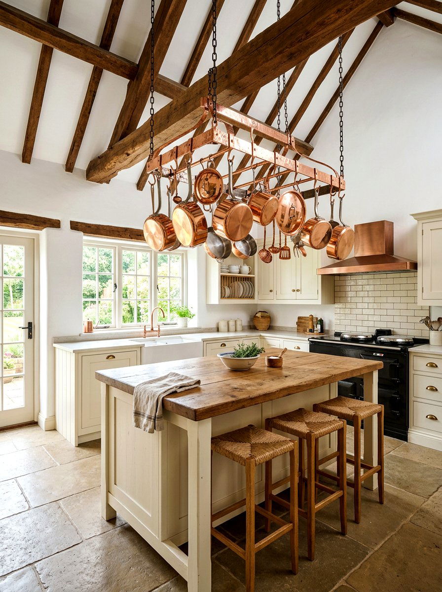 Copper Pot Ceiling Rack - 30 cabbagecore kitchen ideas