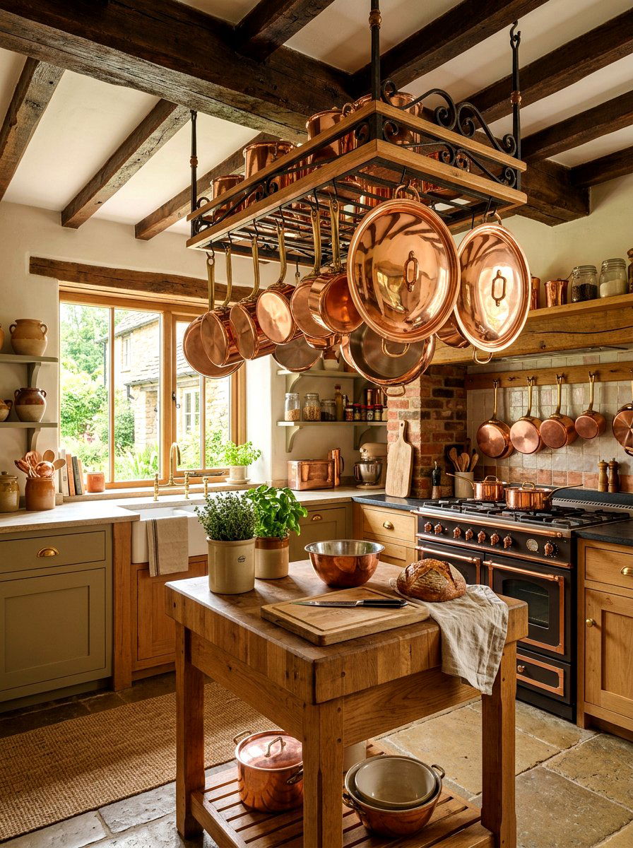 Copper Pot Hanging Shelf - 30 French cottage kitchen shelf ideas