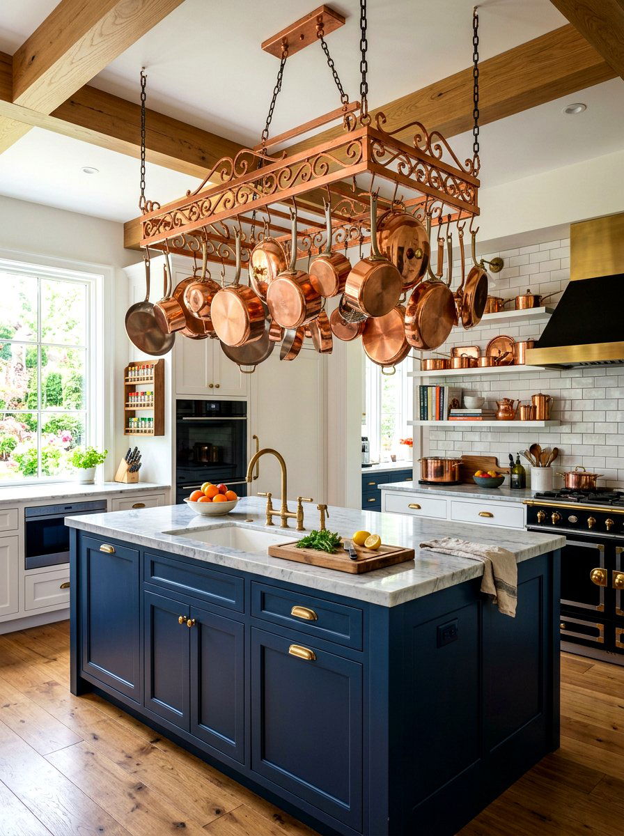 Copper Pot Rack - 30 maximalist kitchen ideas