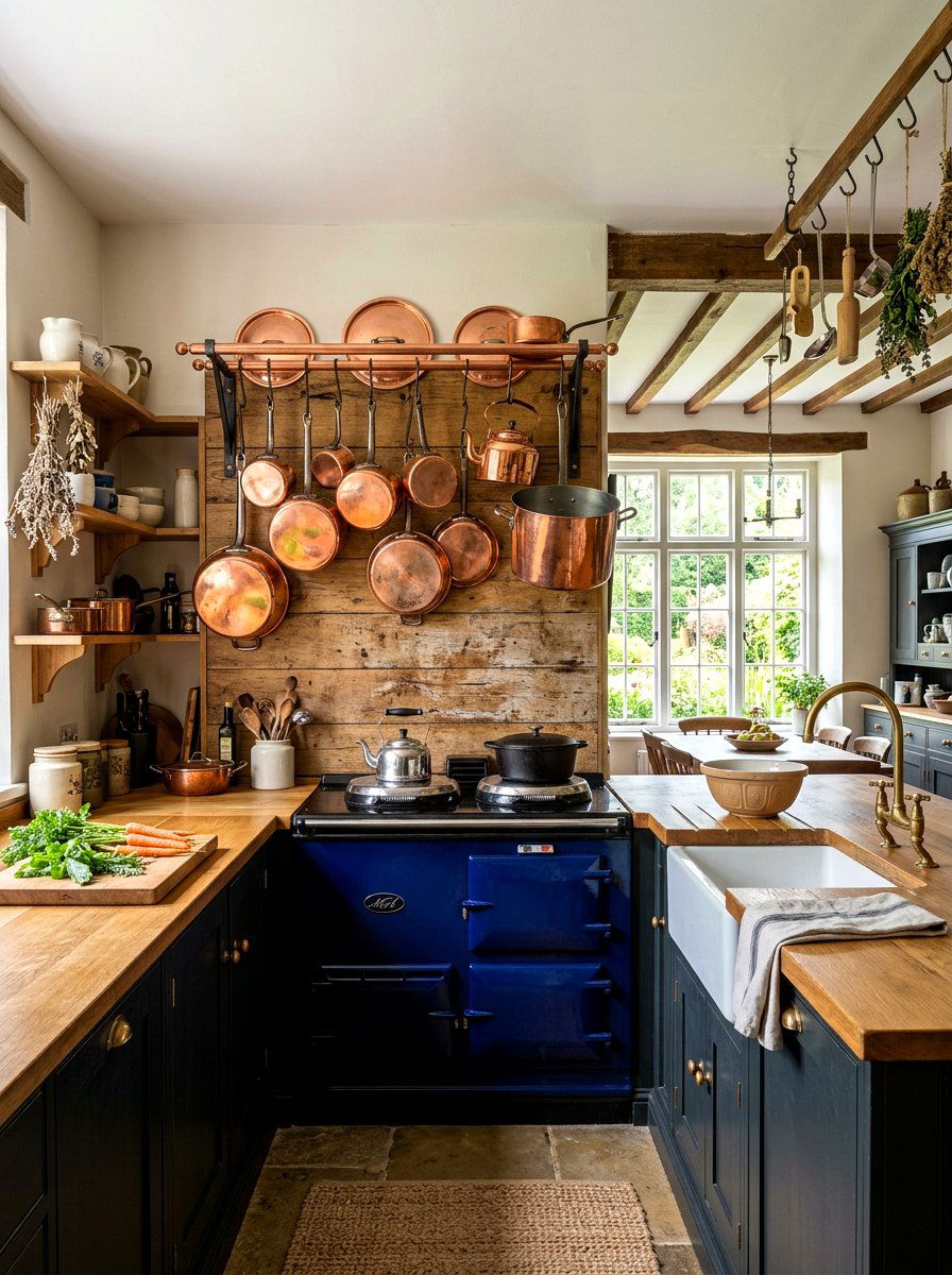 Copper Pot Rack - 30 English country kitchen shelf ideas