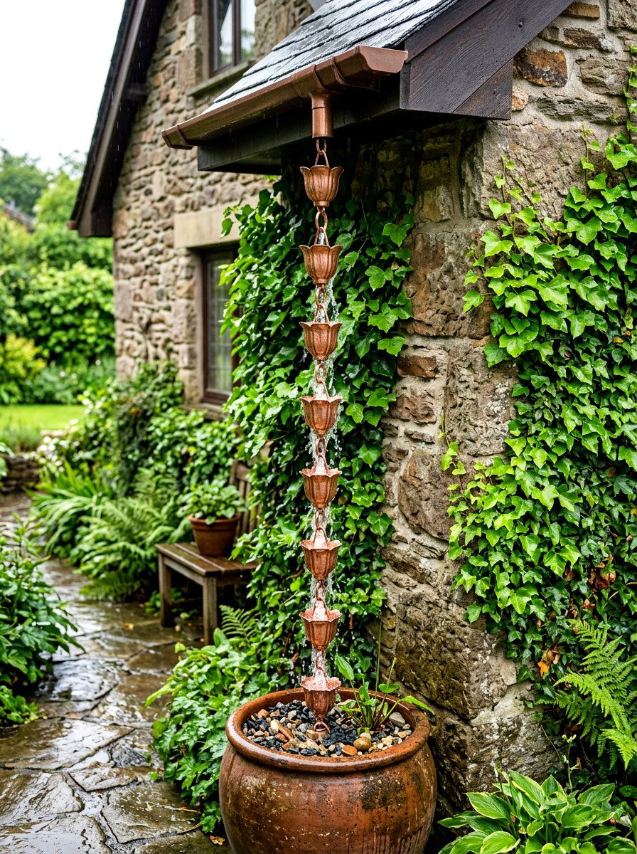 Copper Rain Chain - 30 backyard water feature ideas