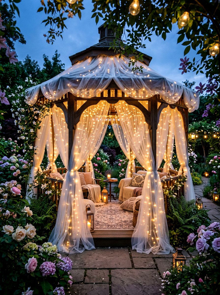 Copper Wire Twinkle Lights On Tulle - 30 gazebo curtain lighting ideas