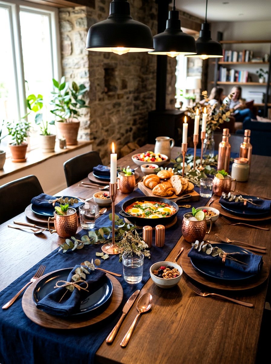 Copper accent brunch table - 30 Thanksgiving brunch table ideas