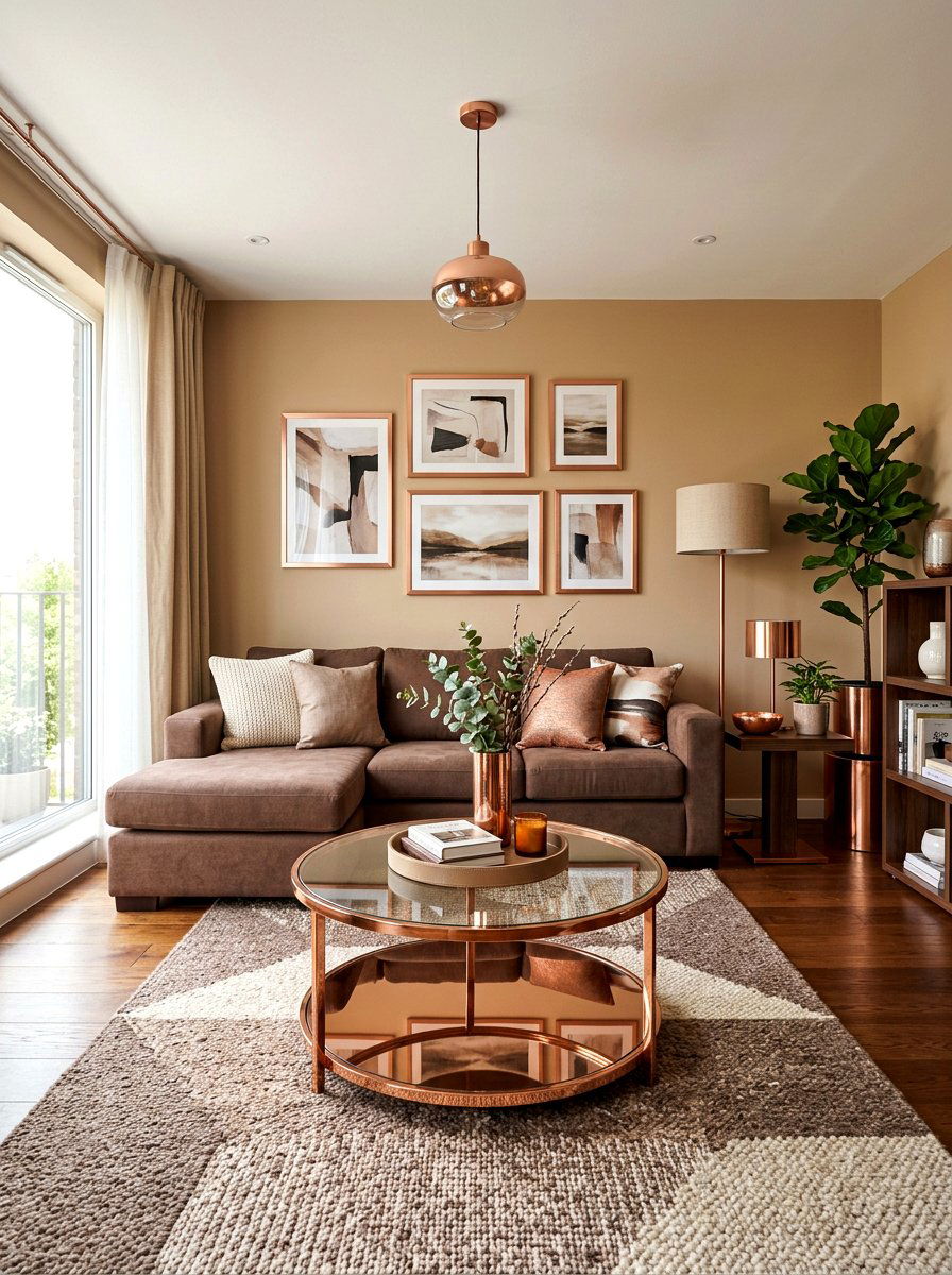 Copper accents - 30 tonal brown living room ideas