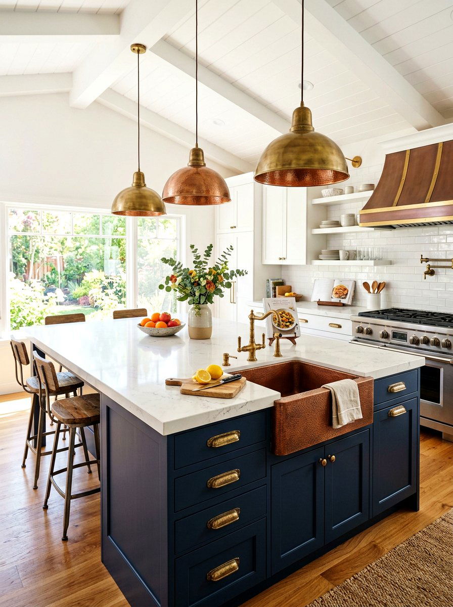 Copper and brass kitchen island - 30 mixed metal decor ideas