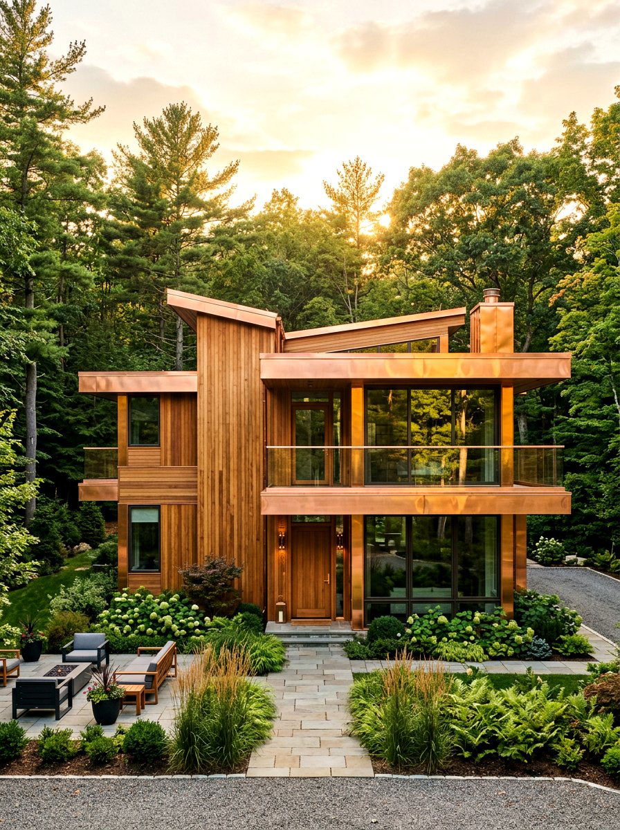 Copper and wood facade - 30 mixed material facade ideas