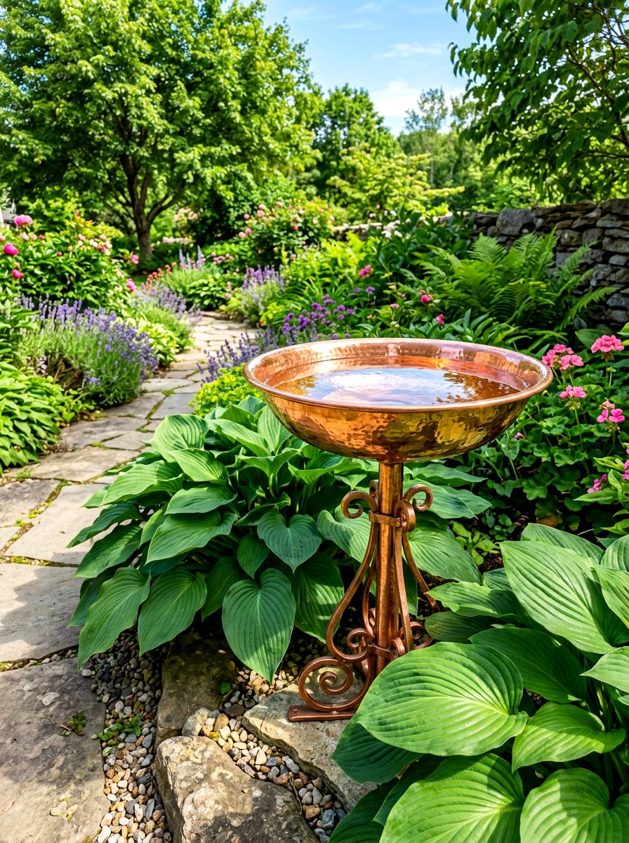 Copper bird bath - 30 hummingbird oasis backyard ideas