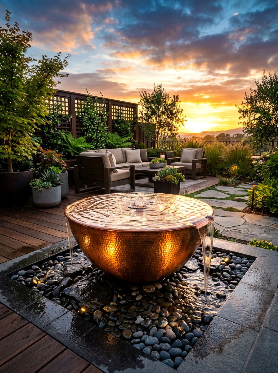 Copper bowl fountain - 30 courtyard fountain ideas
