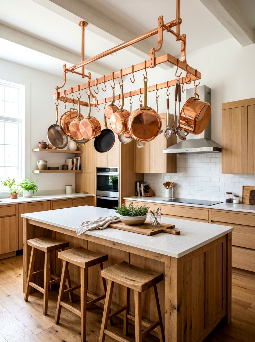 Copper cookware hanging rack - 30 cottagecore kitchen ideas