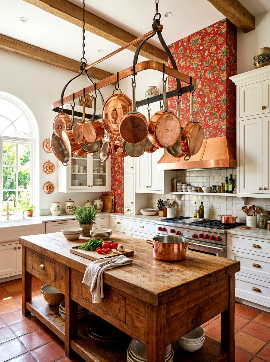 Copper cookware rack - 30 tomato girl kitchen ideas