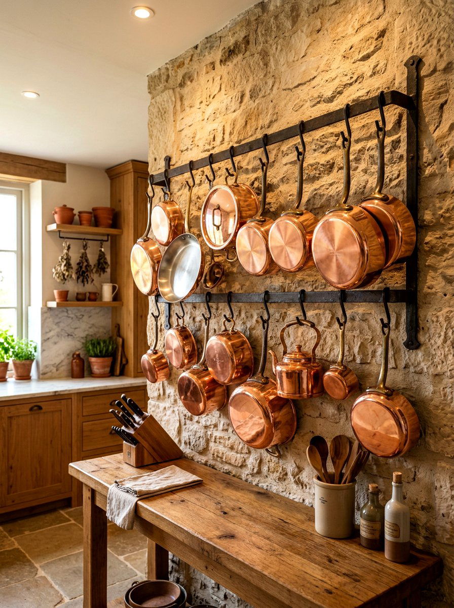 Copper cookware wall display - 30 French country kitchen ideas