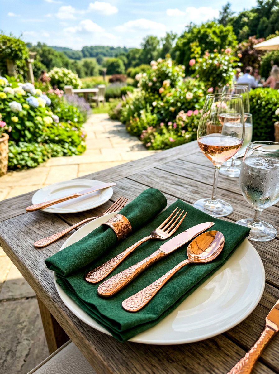 Copper cutlery garden table setting - 30 garden salad tablescape ideas