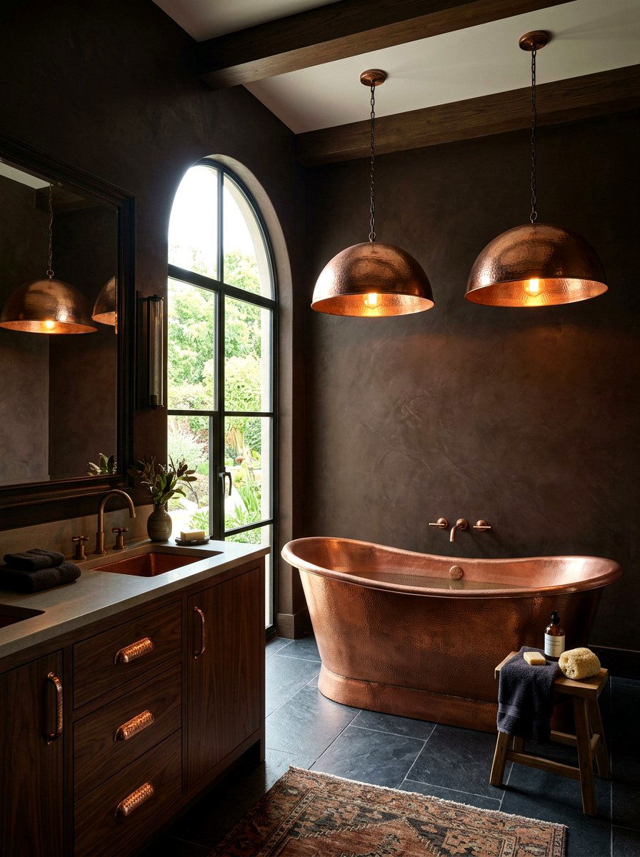 Copper dome pendant - 30 moody bathroom lamp ideas