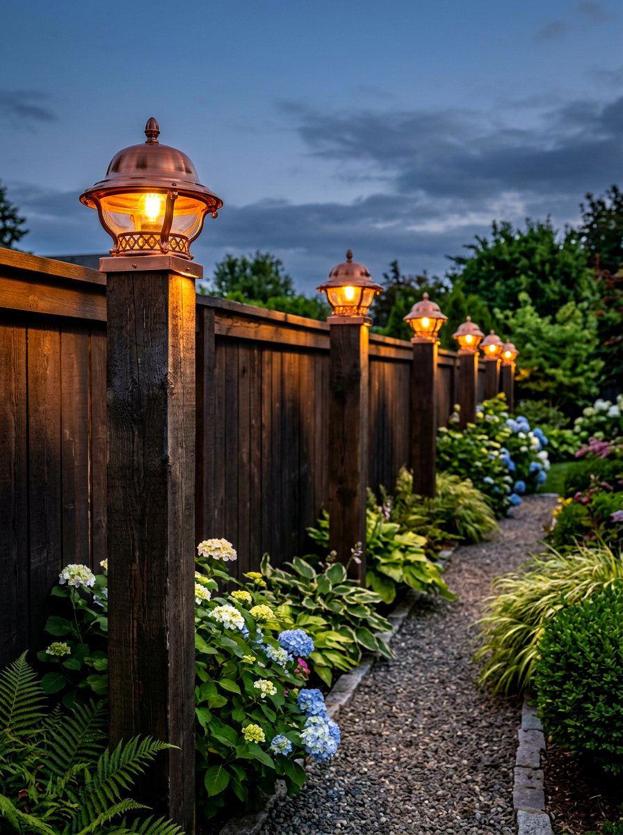 Copper fence post cap lights - 30 fence lighting ideas