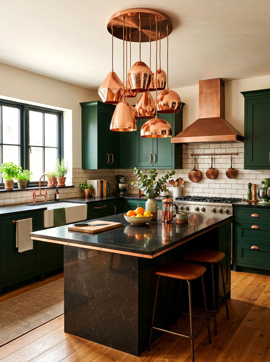 Copper finish cluster pendant - 30 dramatic pendant cluster ideas
