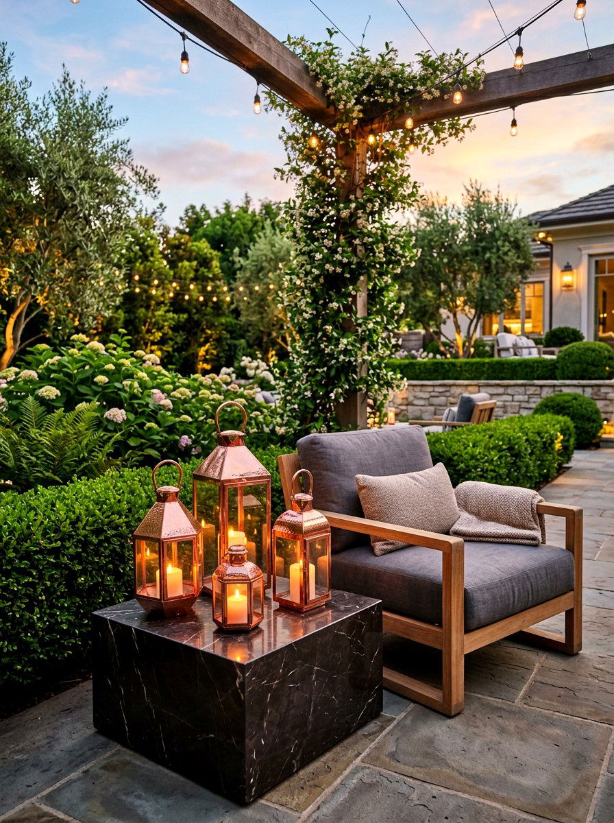 Copper finish lanterns - 30 lantern patio cluster ideas