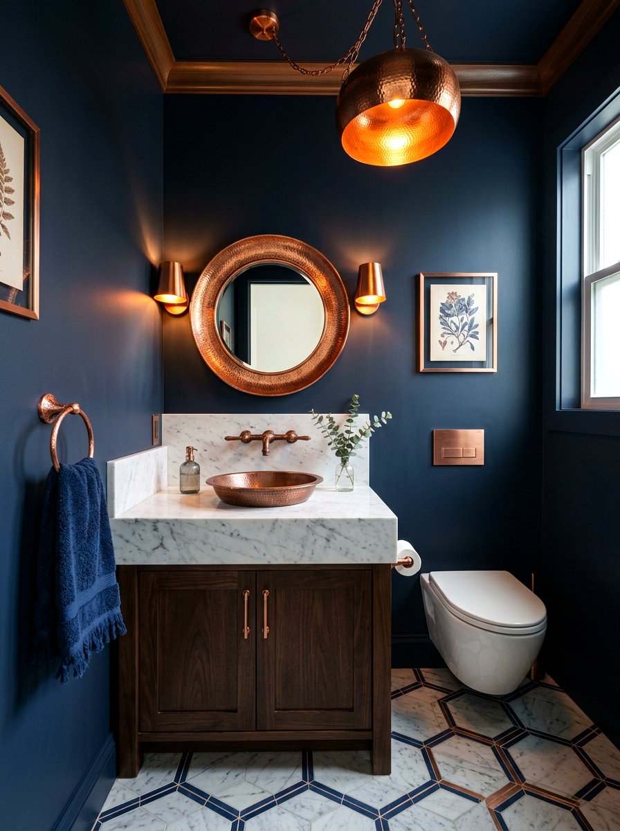 Copper fixture luxury powder room - 30 jewel box powder room ideas
