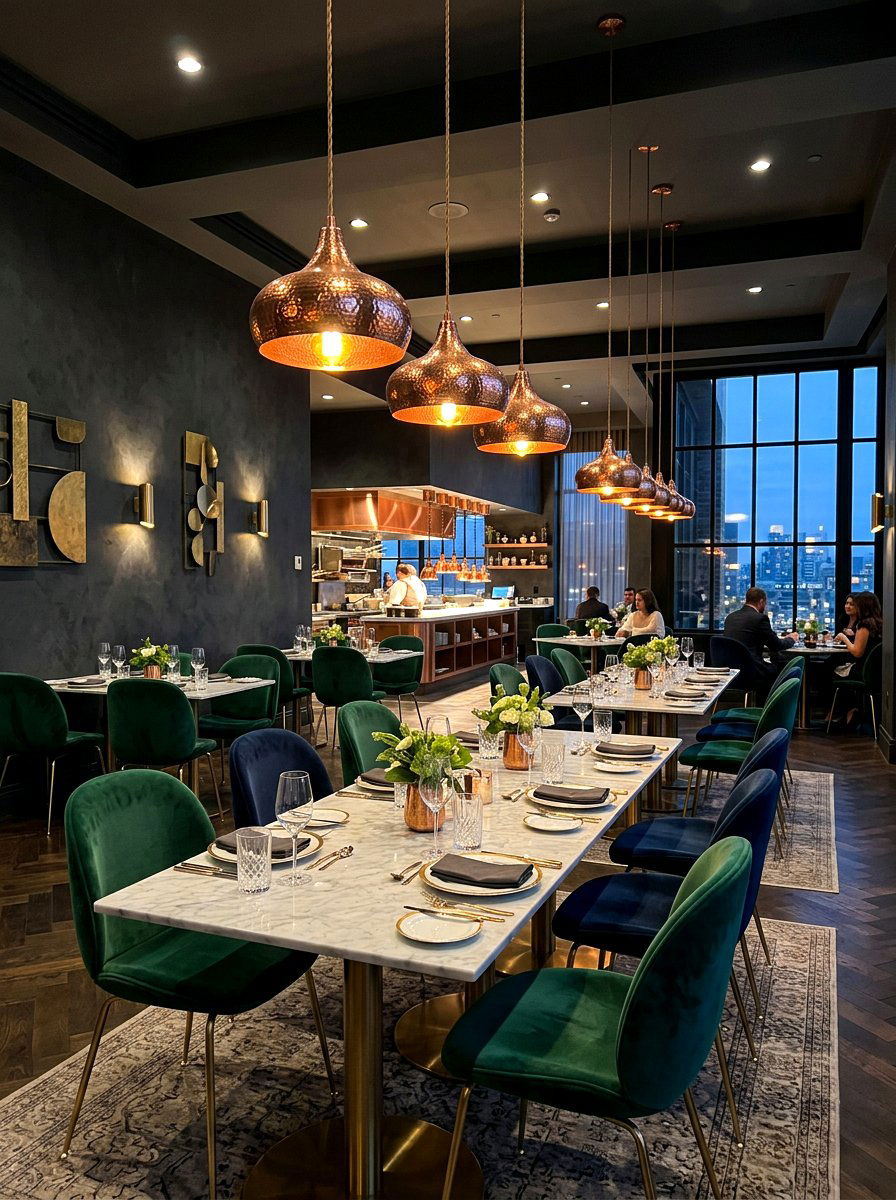 Copper hanging lights - 30 boutique restaurant dining ideas