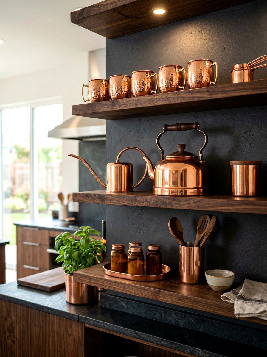 Copper kitchen accents - 30 fall kitchen shelf decor ideas