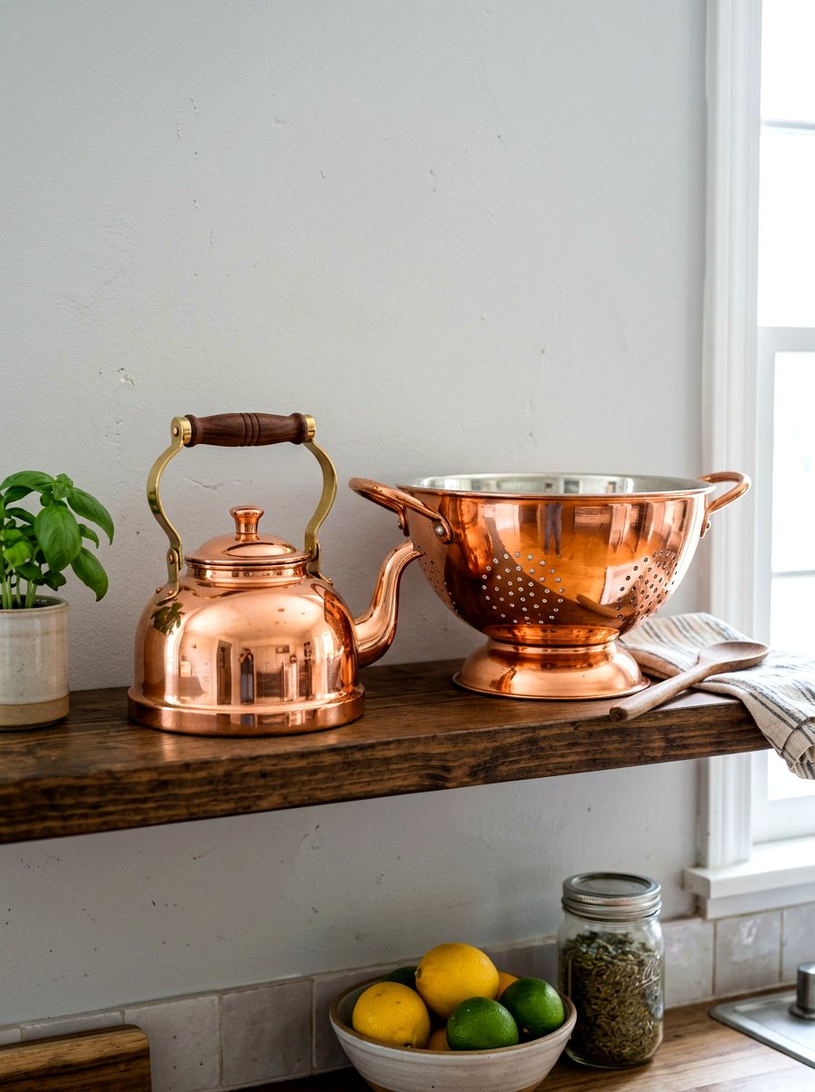 Copper kitchen accessory - 30 open cabinet styling ideas