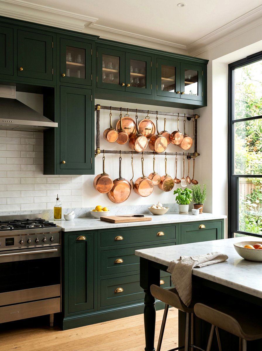 Copper kitchen pots - 30 antique decor styling ideas