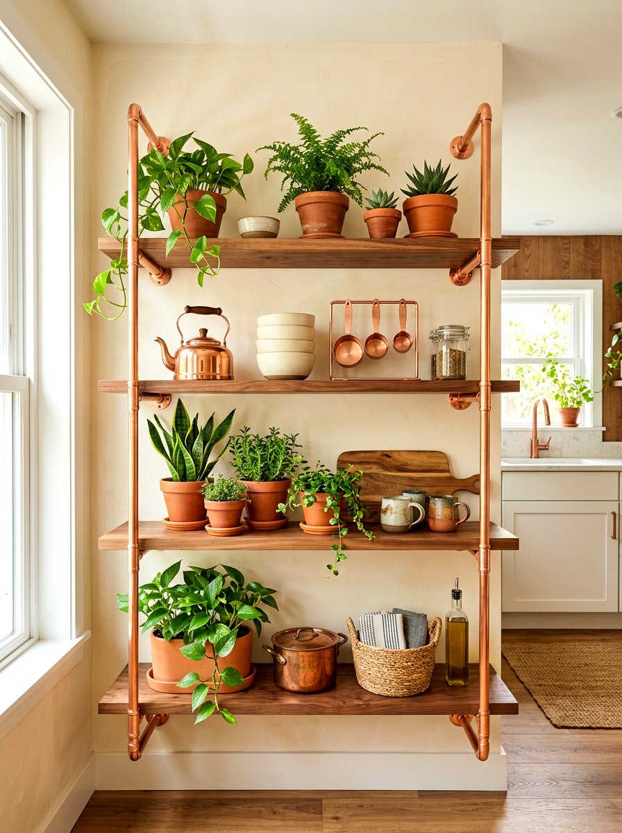 Copper kitchen shelf accents - 30 open kitchen shelf ideas