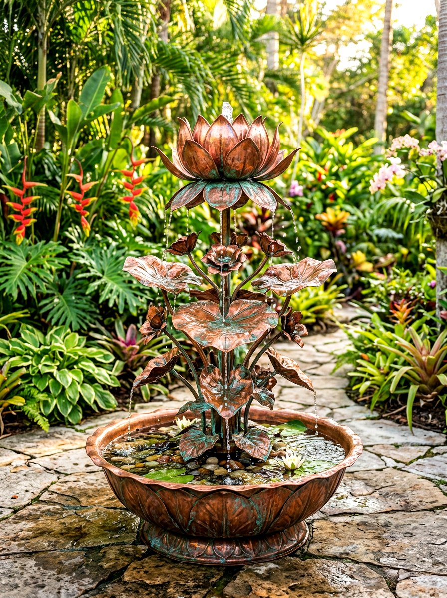 Copper lotus fountain - 30 courtyard fountain garden ideas