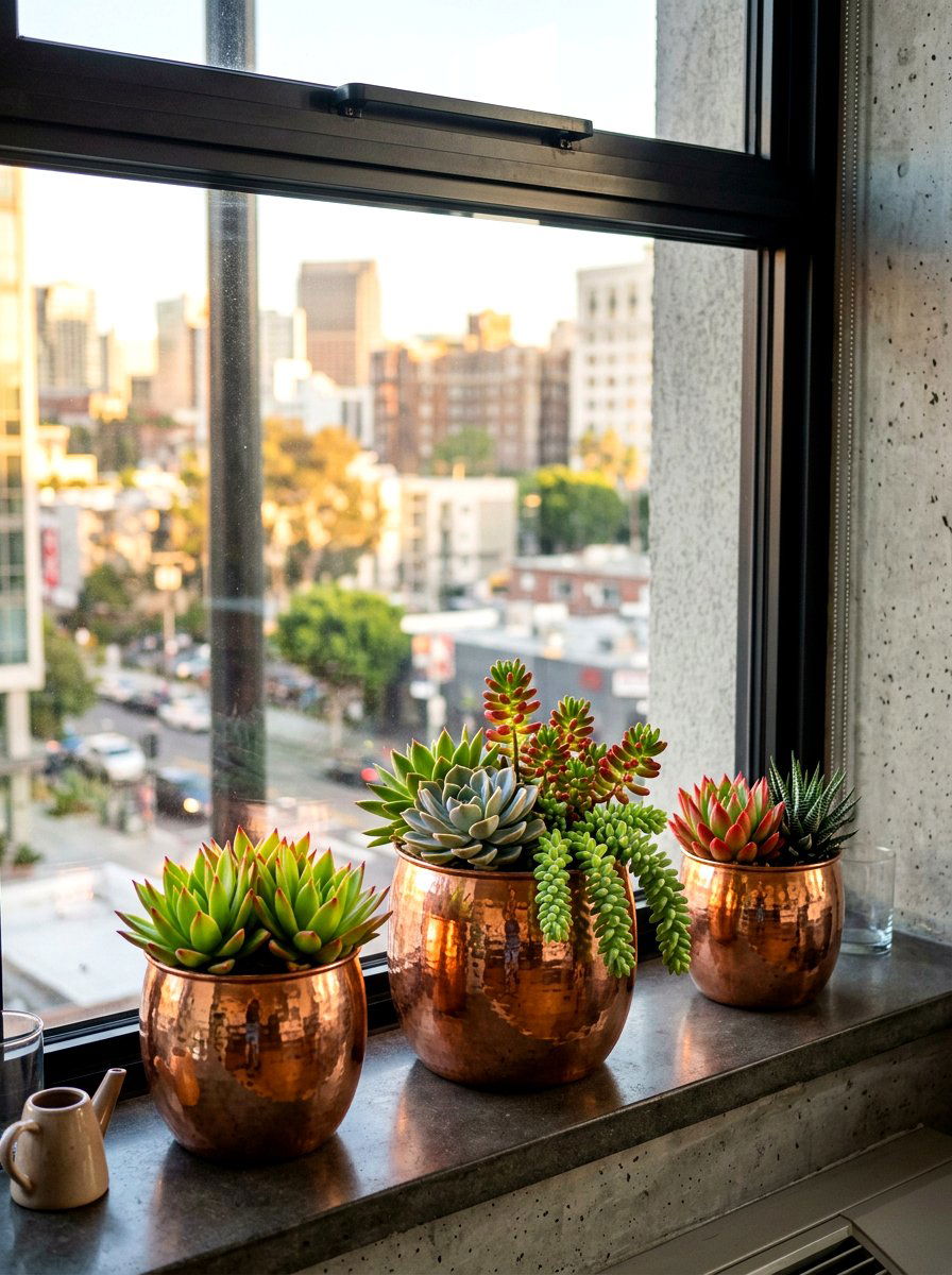Copper metal planters - 30 succulent windowsill ideas