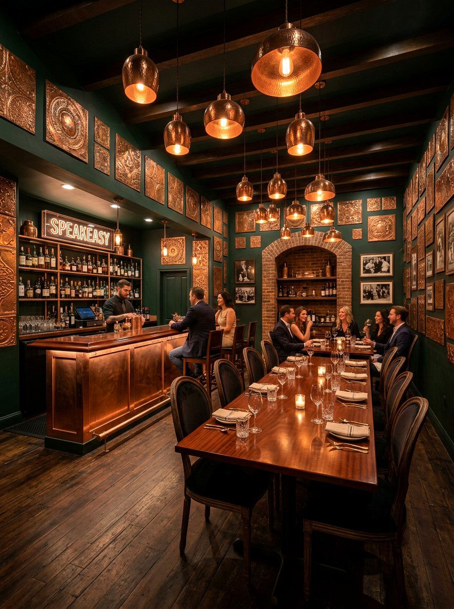 Copper metal speakeasy dining room - 30 speakeasy dining room ideas