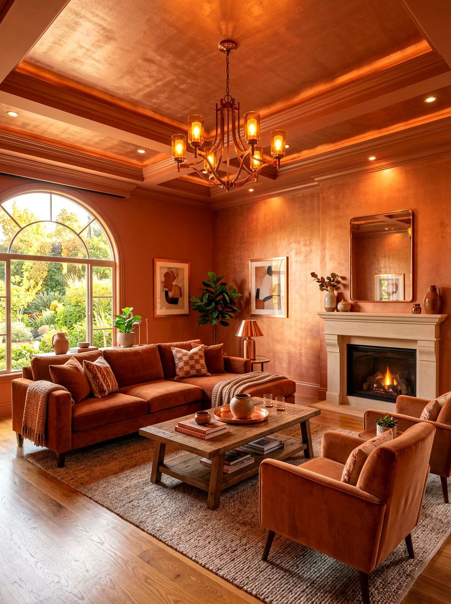 Copper metallic ceiling finish - 30 ceiling drench living room ideas