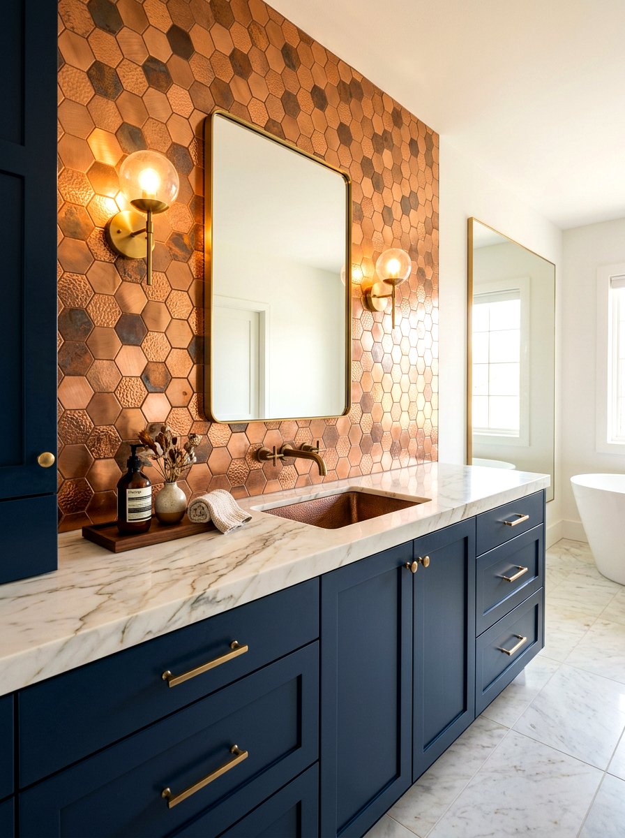 Copper metallic tile backsplash - 30 removable tile bathroom ideas