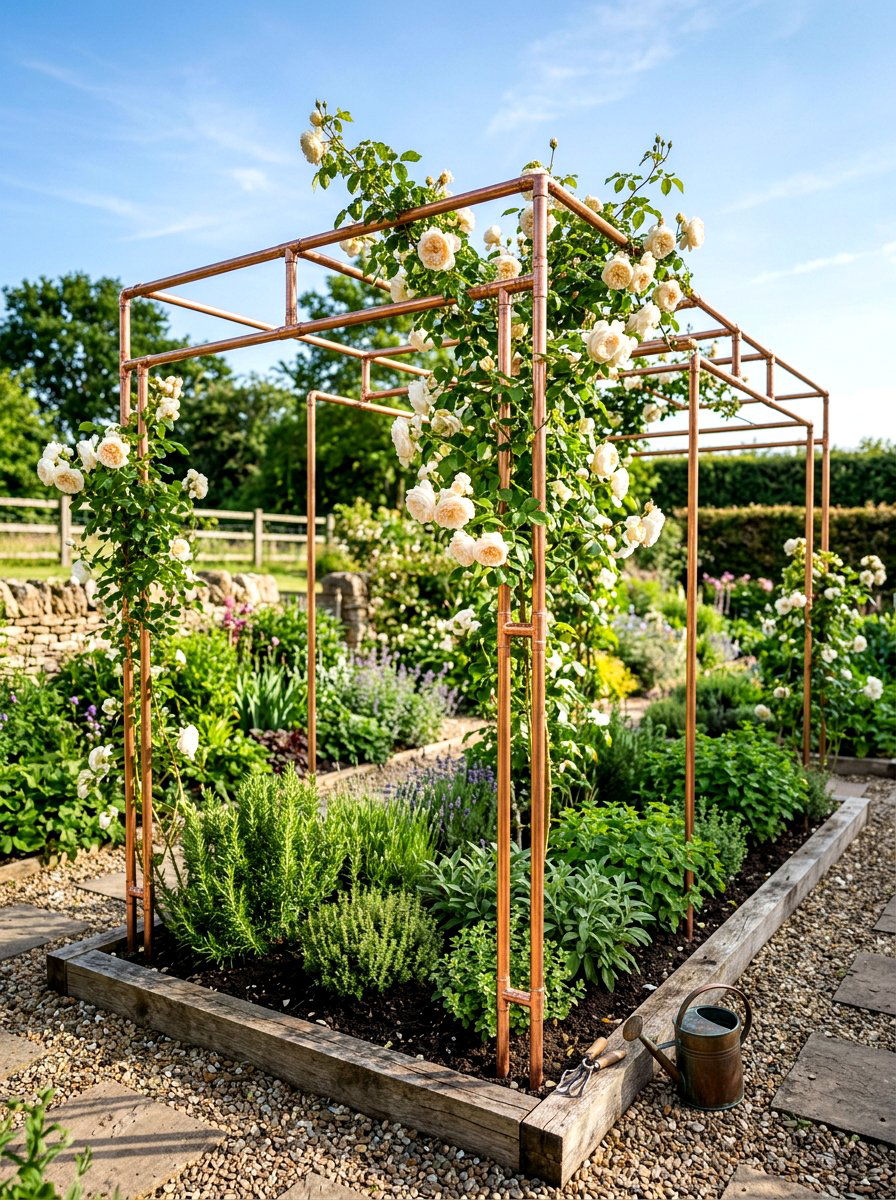 Copper pipe garden frame - 30 climbing rose trellis ideas